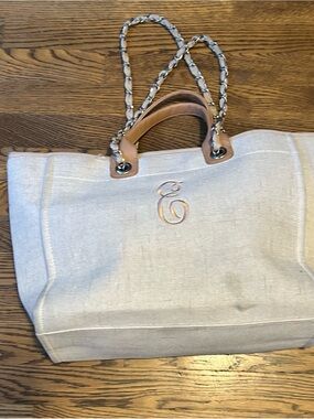 Neutral Canvas Tote with Leather Trim and Chain Handles 0136
